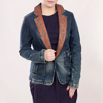 ADBZ019 Genuine leather Hand tooled hand carved Women 100% cotton Denim Blazer dress jacket ladies Girl